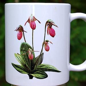 Pink ladys slipper ceramic mug, coffee mug, gift for gardener, Cypripedium, wildflower mug, Wisconsin Gift