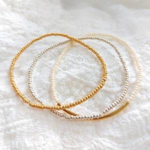 Gold filled bar set of bracelet, gold and ivory seed bead bracelets, bridesmaids bracelets, bridal party gifts, stretchy bracelets