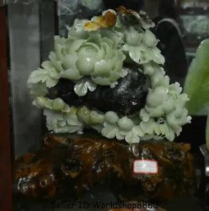 16.4" Good Natural Xiu Jade Jadeite Carved subshrubby peony flower Birds Statue