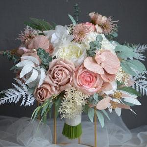 Fake Flowers, Dusty Pink/White Wedding Bouquet, Real Touch Roses, Greenery Bridal Bouquet, Pink Rose Orchid, Eucalyptus Boho Bouquet
