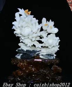 15" China Natural Xiu Jade Carved Feng Shui Peony Flower Bird Magpie Statue