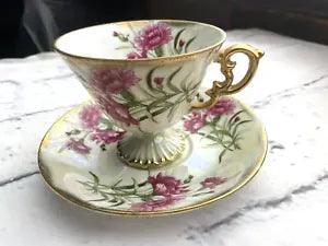 UCAGCO JAPAN LUSTREWARE "FLOWER OF THE MONTH" TEA CUP & SAUCER~JANUARY CARNATION