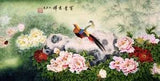ORIENTAL ASIAN ART CHINESE WATERCOLOR PAINTING-Golden birds lover&peony flowers