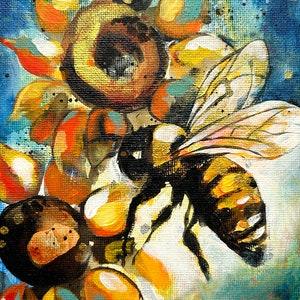 bee art, sunflowers and bee,  mixed media, 5X7 inches, gift a painting, original painting, wall art, gift art, original art, mini painting
