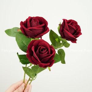 Set of 3 - Artificial Rose Stem | Artificial Flower | DIY Floral | Wedding/Home Decoration | Gifts - Wine Red (Set of 3)