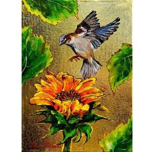Sunflower Painting Sparrow Painting Original Art Gold Leaf Artwork Bird Painting Flower Artwork Oil Original Painting by Zhanna Vitkovska