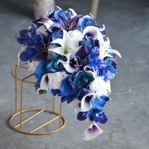 Fake Royal Blue Wedding Bouquets, Blue Purple Orchids Bridal Bouquet, Bridesmaids Bouquets, Boutonnieres, Real Touch Tiger Lily, White Roses