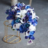 Fake Royal Blue Wedding Bouquets, Blue Purple Orchids Bridal Bouquet, Bridesmaids Bouquets, Boutonnieres, Real Touch Tiger Lily, White Roses