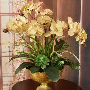 Beige Phalaenopsis Orchids In Gold Bowl - Faux Orchids