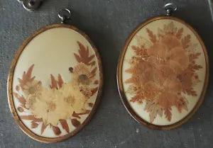 Vintage pressed flowers x 2 in oval copper frames 11.5 cm's x 9 cm's