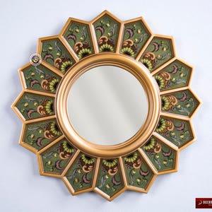 Round Wall Mirror 'Green sunflower' -  Sunburst Mirrors - Decorative Wall Mirrors ,Reverse Handpainted glass - Peruvian Vanity Mirror