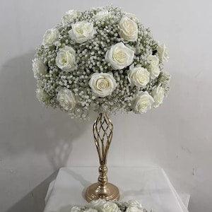 Wedding Snowy Ice Baby's Breath with Roses Bouquet Kissing Flower Ball- Bridal Table Centerpiece Artificial Floral arrangement
