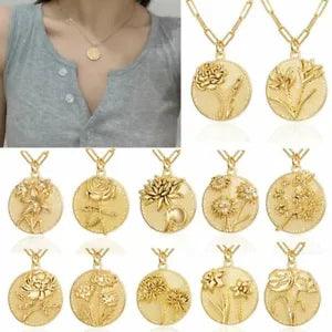 Fashion 12 Month Coin Flower Pendent Necklace Gold Plated Chain Women Wedding