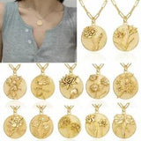 Fashion 12 Month Coin Flower Pendent Necklace Gold Plated Chain Women Wedding