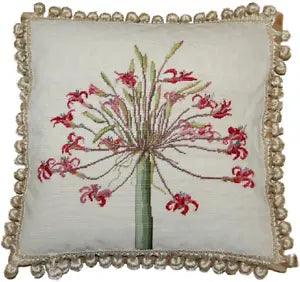Wool Needlepoint Throw Pillow Handmade Red Agapanthus African Lily Cushion 18x18
