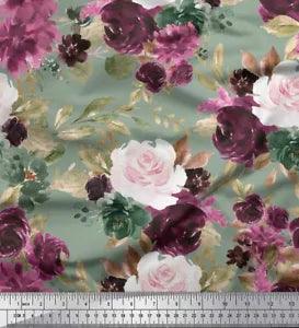 Soimoi Green Velvet Fabric Leaves & Peony Floral Print Fabric by-EMn