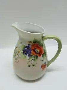 Vintage porcelain hand painted Milk pitcher Peony's Flowers. Signed- R Biyins.