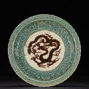 17.3" Chinese porcelain yuan dynasty cyan glaze Fambe dragon peony flower Plate