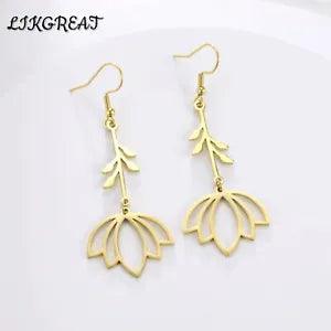 Leaf Lotus Flower of Life Drop Earring for Women Unusual Stainless Steel Jewelry