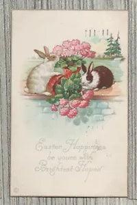 Vintage Easter Happiness Postcard-Carnations-Bunnies Eating Flowers-638