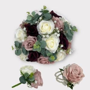 Artificial wedding bouquets flowers sets silk  ivory with eucalyptus