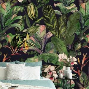 Dark Leafy Jungle Wallpaper, Dark green tropical Peel and Stick wallpaper, Tropical Orchids Vinyl Leaf Wallpaper Dark Botanical Garden Mural