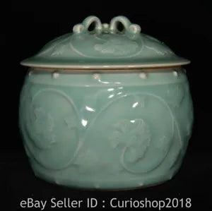5.2" Antique Old Song Chinese Longquan Kiln Porcelain Peony Flower Jar Pot
