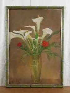 Callas and Carnations Bouquet Painting, Flowers in Glass Vase Oil, Original