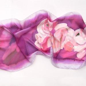 100% Silk Scarf. Ranunculus Bouquet Scarf. Hand painted Scarf. Cerise Spring scarves. Large Purple scarf with peach flowers Made to order