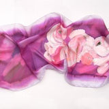100% Silk Scarf. Ranunculus Bouquet Scarf. Hand painted Scarf. Cerise Spring scarves. Large Purple scarf with peach flowers Made to order
