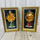 VTG MID CENTURY FRAMED 3D Faux Flowers In Vase Shadow Box Picture Pair Set WOW