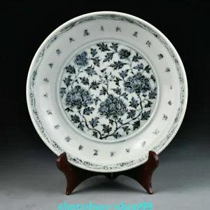 8" Daming HongWu Marked White Blue Porcelain Peony Flower Tray Dish Plate