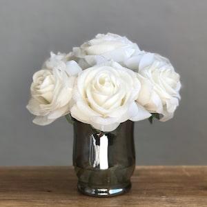 Real Touch Rose Flower Arrangement. Cream White Roses in Faux Water Metallic Charcoal Gray Black Vase. Rose Wedding Centerpiece Bouquet
