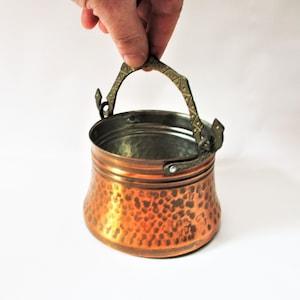 Vintage CAULDRON Hammered Copper Tin Lined  Decorative Sepent Handle Pot Pail Hanging Bucket