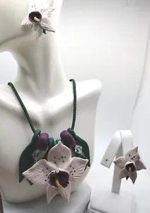 Large Chunky Polymer Lily Orchid Earrings & Necklace Set Jewelry Gift Lot Estate