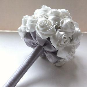 Satin Rose Bouquet, Bridal Bouquet, Bridesmaid Bouquets, White and Silver Bouquet
