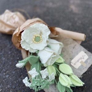 Finished Experience Nature's Splendor with a Refreshing Handcrafted Crochet Bouquet - Light Green and White Roses and Poppies