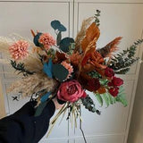 Red and burnt orange artificial flowers wedding bouquet / dried pampas grass and  real eucalyptus autumn bridal bouquet