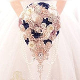 Navy blue brooch bouquet. Rose gold cascading wedding bouquet. Dusty rose, champagne teardrop bouquet by MemoryWedding