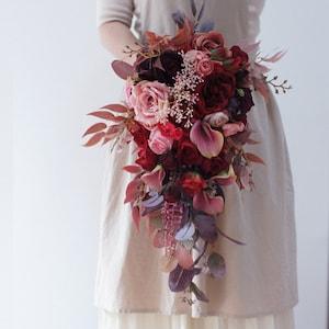 Cascade Wedding Bouquet, Burgundy, Mauve and Dusty Pink Bridal Bouquet, Autumn Fall Wedding Flower, Made with Rose and Calla Lilies