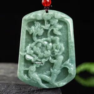 Grade A Jade 100% Natural Green Jadeite Lucky Peony Flower Carved Women Pendant