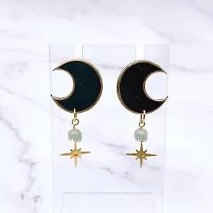 Celestial Black Crescent moon Lily of the Valley Studs. Cottagecore Earrings