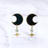 Celestial Black Crescent moon Lily of the Valley Studs. Cottagecore Earrings