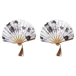 2XX Chinese Gray Peony Blossom Fabric Bamboo Folding Dancing Hand Fan White O5K6