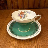 Aynsley Fine Bone China, Green and Gold with a Bouquet of Flowers, Corset Shape Teacup and Saucer