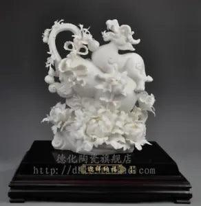 18" Unique Dehua White Porcelain Dragon Pixiu Wealth Peony Flower Wealth Statue
