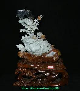17.7" China Fine Natural Xiu Jade Fengshui Tree Peony Flower Butterfly Statue