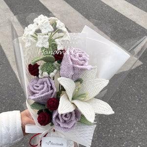 Finished Elegant Crochet White Lilies and Purple Roses Bouquet for Any Occasion