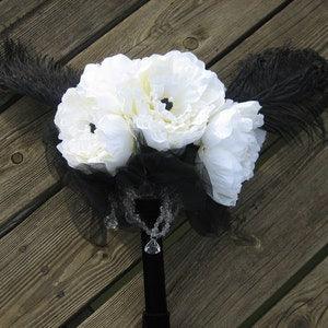 Silk White Peony Wedding Bouquet Keepsake Beads Black Feathers Crystal