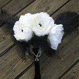 Silk White Peony Wedding Bouquet Keepsake Beads Black Feathers Crystal